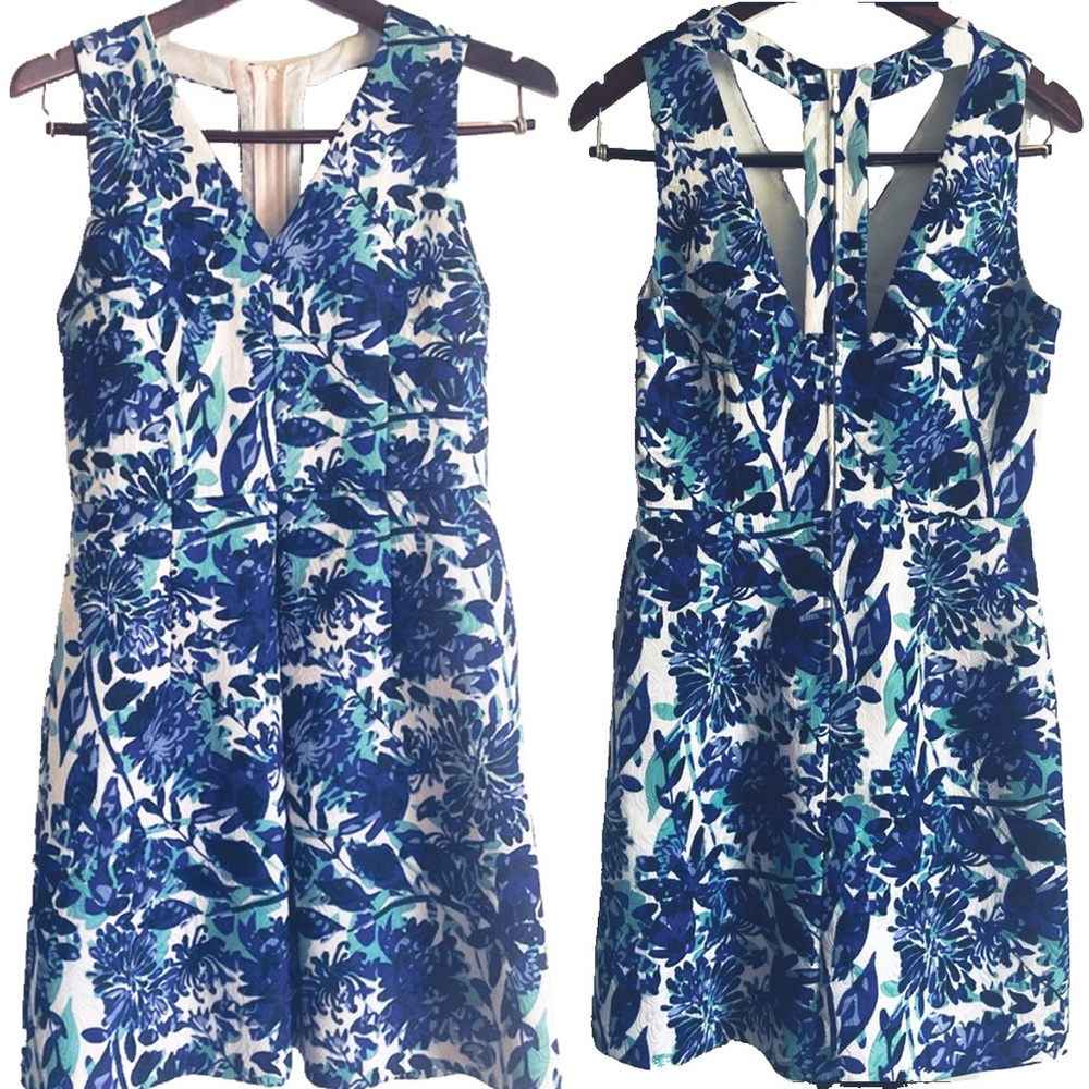 H&M Aqua, Blue, White Jacquard Minidress with cutout back detail